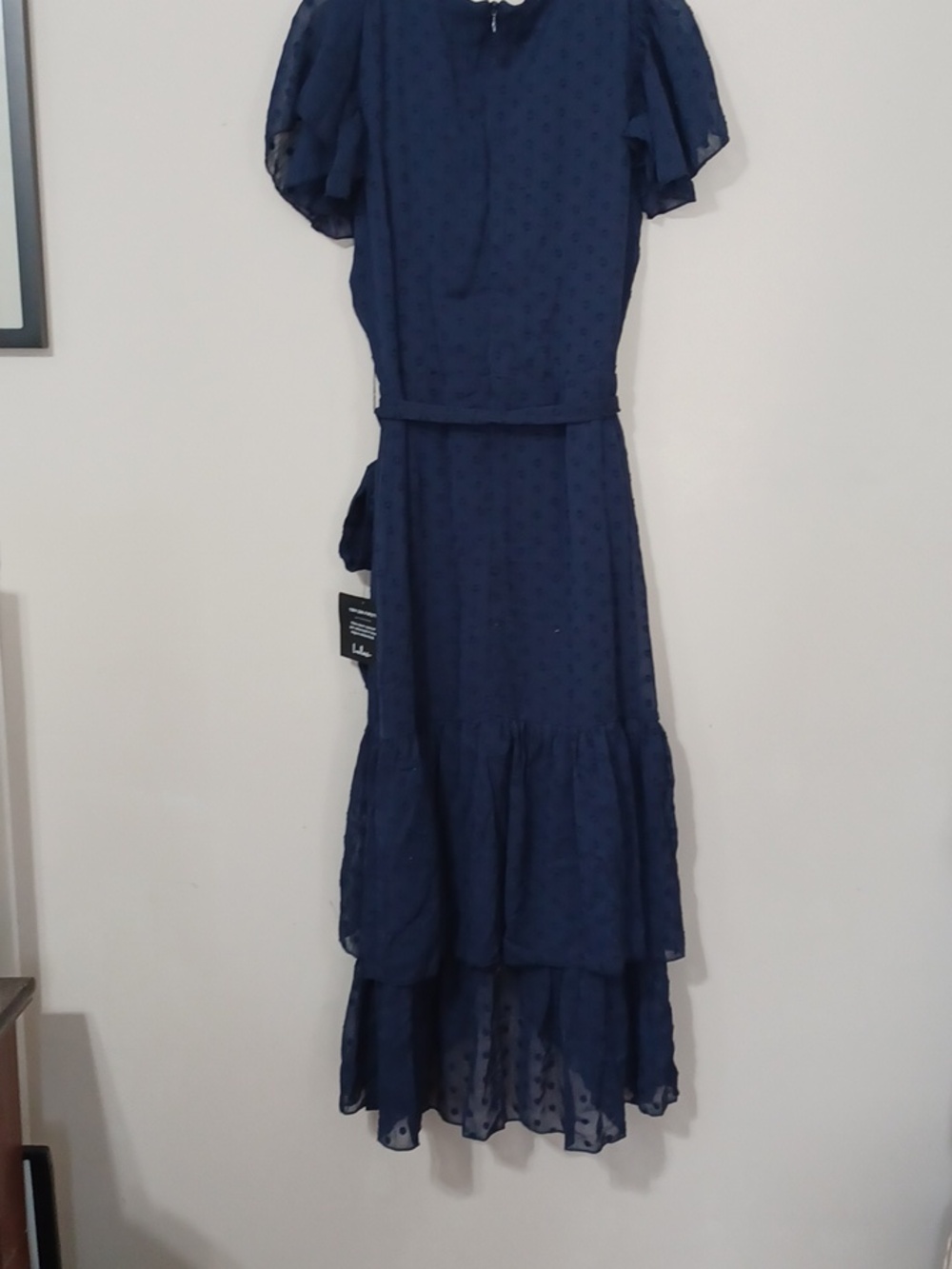 Lulu's Navy Blue Have Harmony Swiss Dot Ruffles Wrap Midi Dress . NWT. Size S - Picture 11 of 13